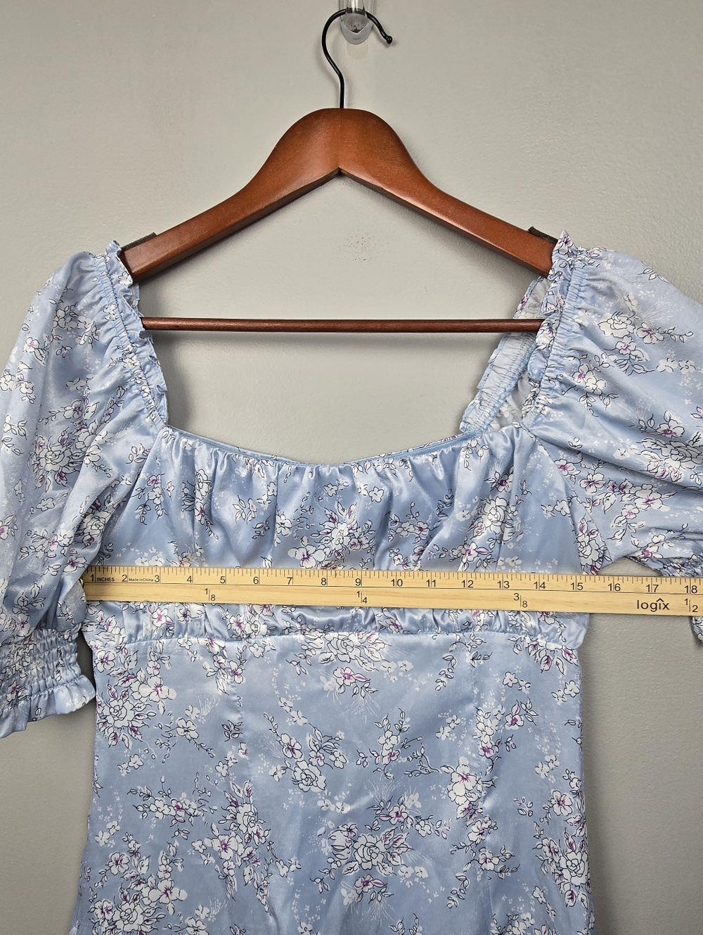 What a Sweetheart Blue Floral Print Satin Puff Sleeve Mini Dress Womens Size S - Picture 9 of 11